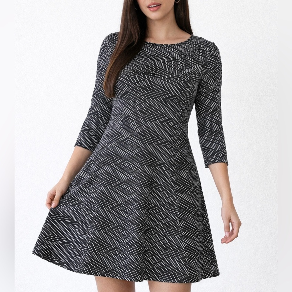 Geo Mini Dress Black White Geometric Skater 3/4 Sleeve Pit to Pit 20.5” Size L 🚨
